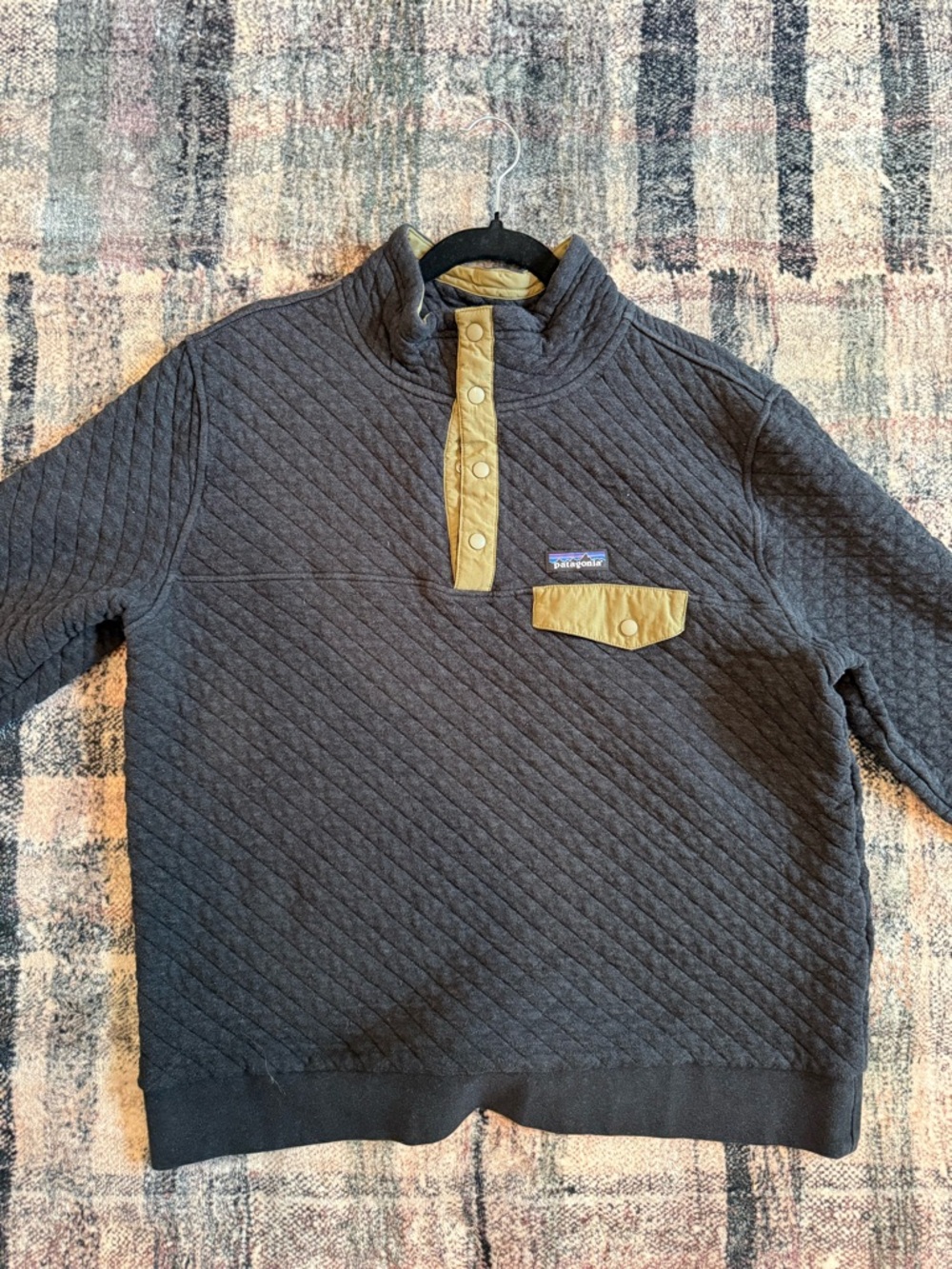 Patagonia Quilted Crewneck Sweater in Charcoal with Tan Accents